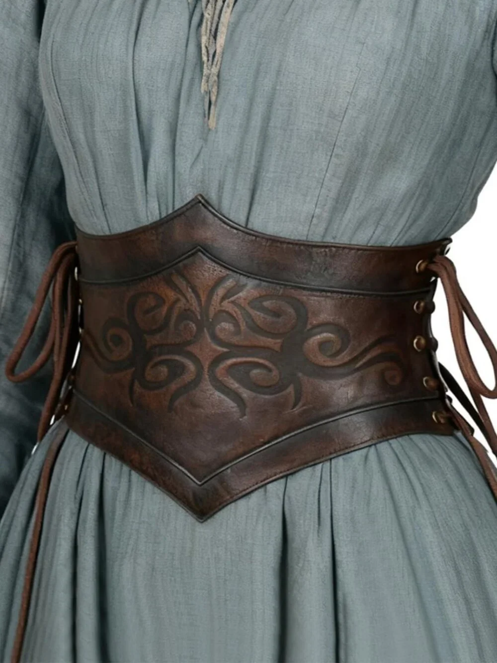 Brown Leather Viking Corset Belt | Wide Cinch, Adjustable Lace-Up, Renaissance